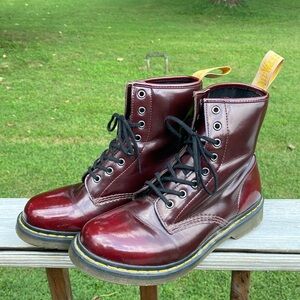 Doc Martins Vegan Leather 1460 lace up boots in Cherry Red. Women Size 10 🍒